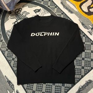 Black Acrylic Crewneck Sweater with Dolphin Text